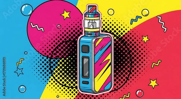 Fototapeta A vibrant pop art illustration featuring a colorful vape device against a dynamic background with circles, stars, and halftone dots.