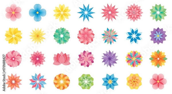 Fototapeta Collection of thirty colorful flower illustrations in various shapes and vibrant colors, arranged in a grid on a white background.