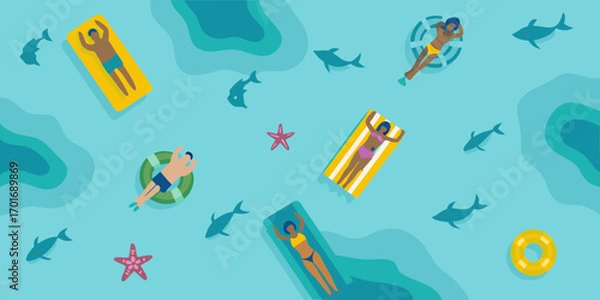 Fototapeta Diverse group of people relaxing on inflatable rafts and tubes in a blue ocean with stylized fish and starfish