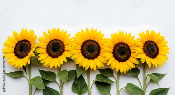 Fototapeta Five vibrant sunflowers arranged in a row against a clean white background.