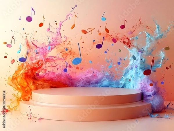 Fototapeta A vibrant abstract podium with colorful fluid splashes and floating musical notes against a soft background symbolizing creativity and inspi n