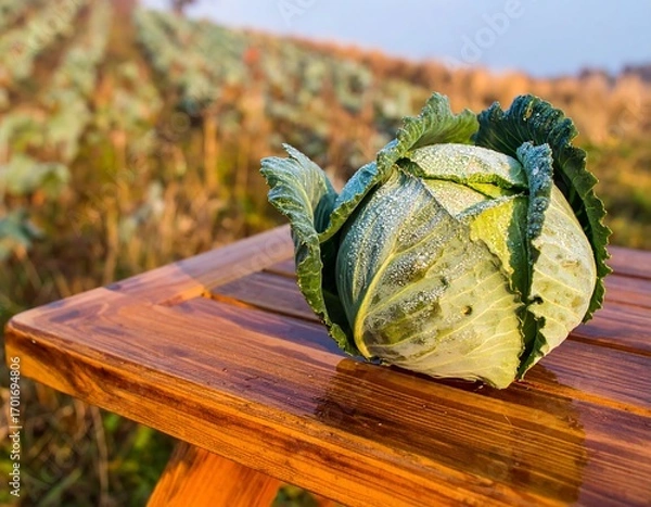 Obraz Fresh cabbage on wooden table, dewy leaves