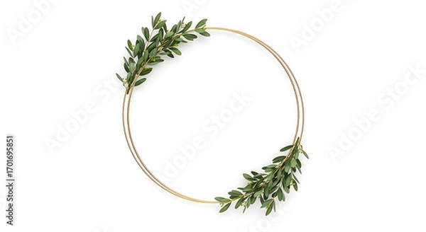 Fototapeta A gold metal hoop is decorated with green leafy branches, creating a circular frame on a white background.
