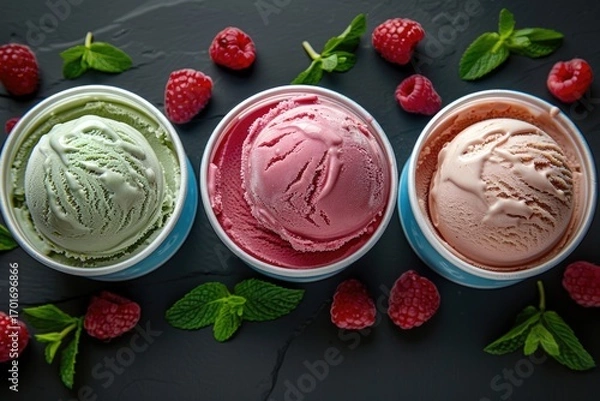 Fototapeta Three bowls filled with creamy ice cream topped with fresh raspberries and mint leaves.