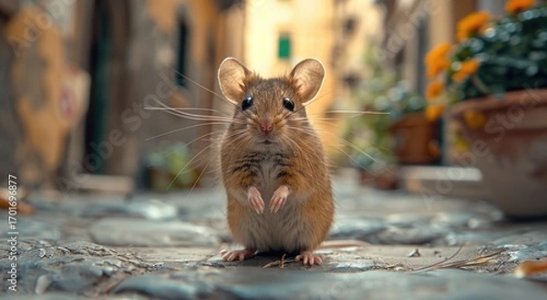 Fototapeta Small rodent mouse on cobblestone road