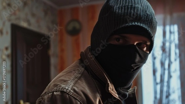 Fototapeta Man in balaclava standing in a room