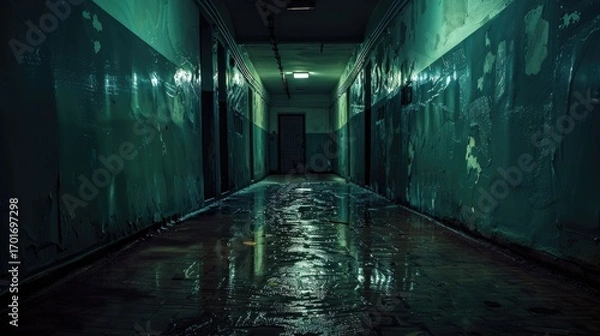 Fototapeta Dark and gloomy hallway with lanterns