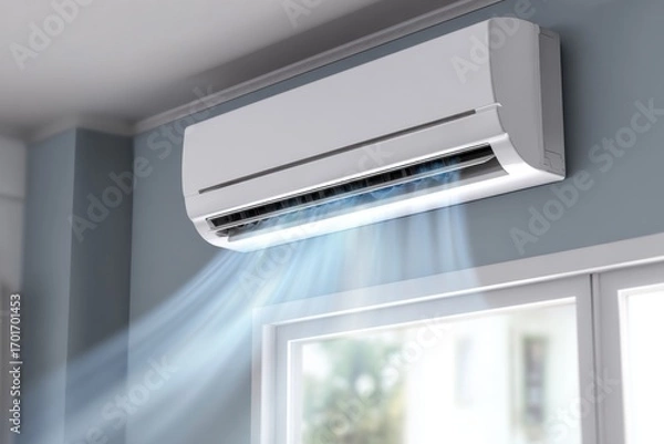 Fototapeta A modern white wall-mounted air conditioning unit actively cools a room, expelling visible chilled air over a window against a light blue wall, ensuring indoor comfort.