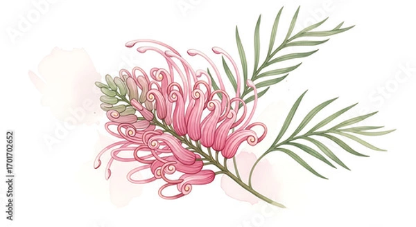 Fototapeta Delicate pink grevillea flower with intricate petals and green fern-like leaves, rendered in a soft watercolor style with subtle blush accents.