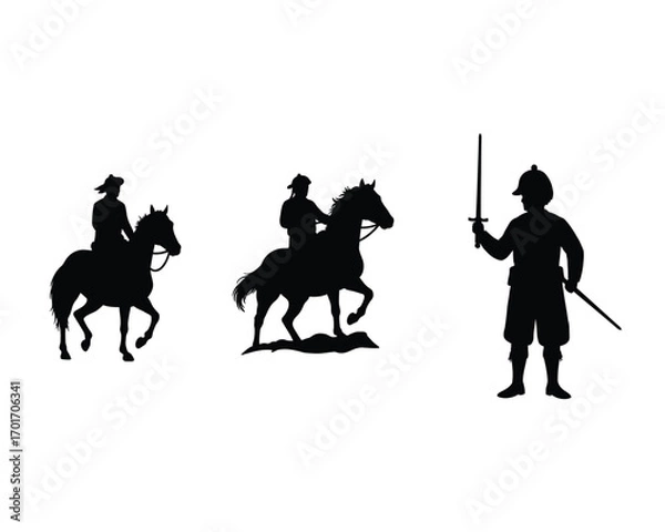 Fototapeta Silhouette of three historical figures on horseback and a standing soldier with a sword against a white background