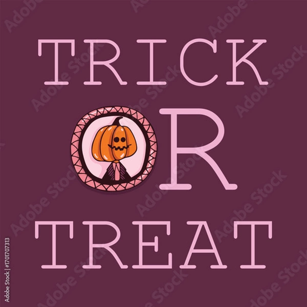 Fototapeta Cute Halloween card. Pumpkin character. Portrait of smiling pumpkin in frame and inscription. Design template for advertising, websites, social networks. Happy Halloween holiday. Vector illustration.