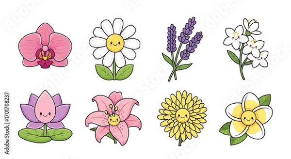Fototapeta A collection of eight cute kawaii-style flowers with smiling faces, including an orchid, daisy, and lotus.