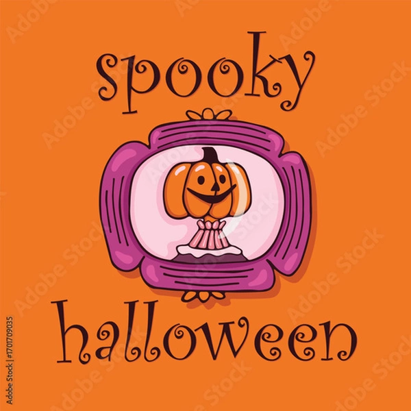 Fototapeta Cute Halloween card. Pumpkin character. Portrait of smiling pumpkin in frame and inscription. Design template for advertising, websites, social networks. Happy Halloween holiday. Vector illustration.
