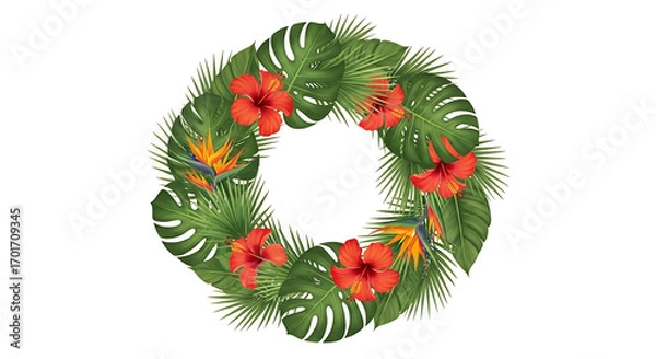 Fototapeta A circular arrangement of vibrant green tropical leaves, red hibiscus flowers, and exotic bird of paradise blooms, creating a festive and natural wreath.