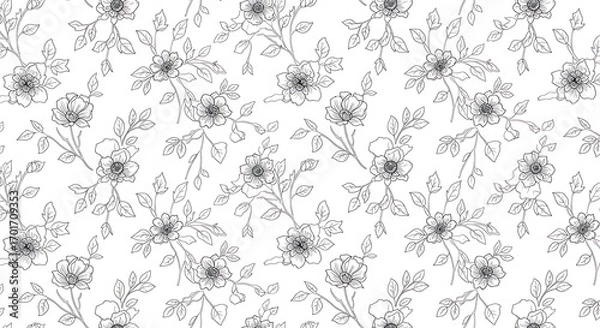 Fototapeta Delicate seamless pattern of hand-drawn floral outlines, showcasing elegant roses, leaves, and winding stems on a clean white background.