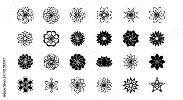 Fototapeta Collection of various black and white floral and star-shaped decorative design elements.
