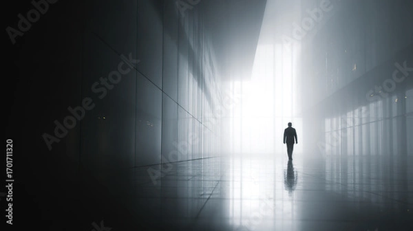 Fototapeta A lone silhouette walking towards a bright, misty light in a modern, minimalist building.