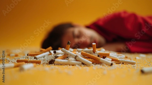 Fototapeta A person lying on a yellow floor, in a blur in the background, with a pile of cigarette butts in sharp focus in the foreground.