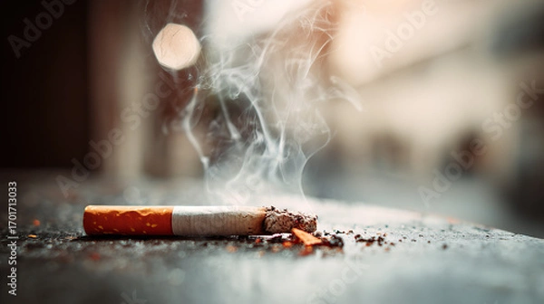Fototapeta A cigarette smoking on a dark, rough surface with ash and tobacco scattered around, and a blurred urban background with a bright light source.