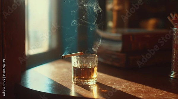 Fototapeta glass of whiskey with cigarettes on the table