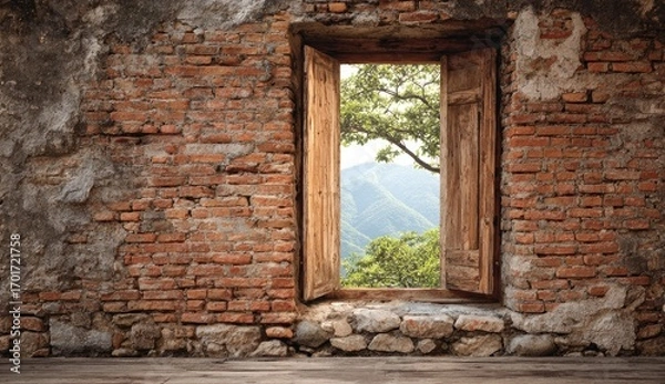 Fototapeta Rustic old brick wall with open wooden window showing a beautiful mountain landscape.