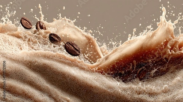 Fototapeta Coffee beans falling into liquid creating splash and waves brown beige background.