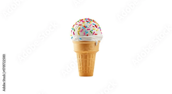 Fototapeta Ice cream cone with colorful sprinkles on a white background, isolated, transparent background, no background  