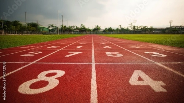 Fototapeta Running Track Lanes Perspective: An Empty Stadium Awaiting Athletes for Competition and Training