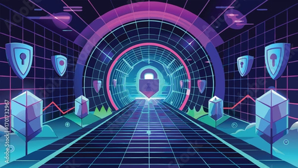 Fototapeta Cyber security and data protection concept with a futuristic illustration of a locked portal and shields in neon tones