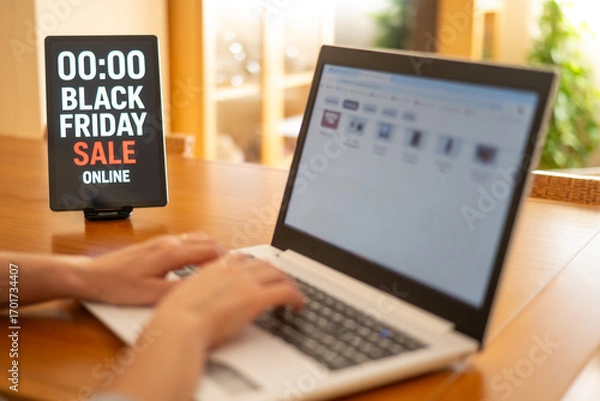 Fototapeta Woman engaging in online shopping during black friday sales, using a laptop while a tablet displays a countdown timer on a wooden table, highlighting the excitement of seasonal deals