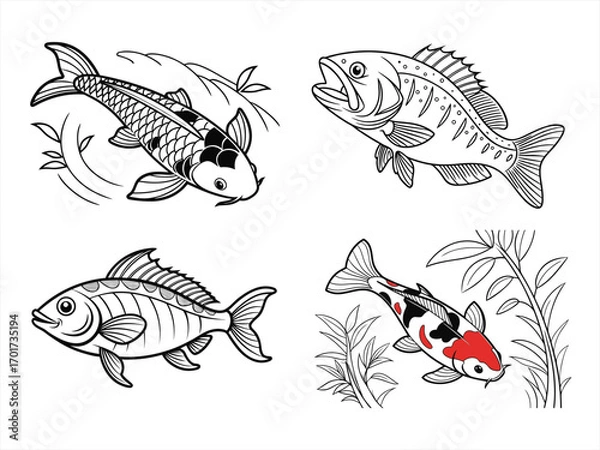 Fototapeta coloring page line art the utsun fish black vector bundle