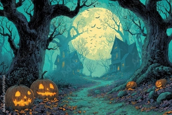 Fototapeta Haunted Halloween Night with Pumpkins and a Full Moon