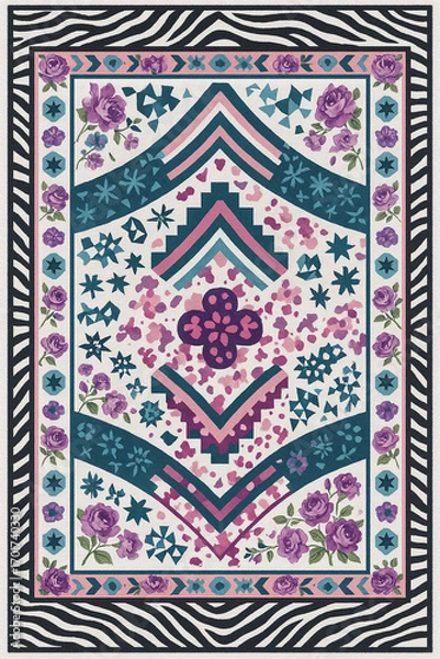 Fototapeta Moroccan Folk art inspired Carpet with modern Pattern in high definition isolated on white canvas with trending colors
