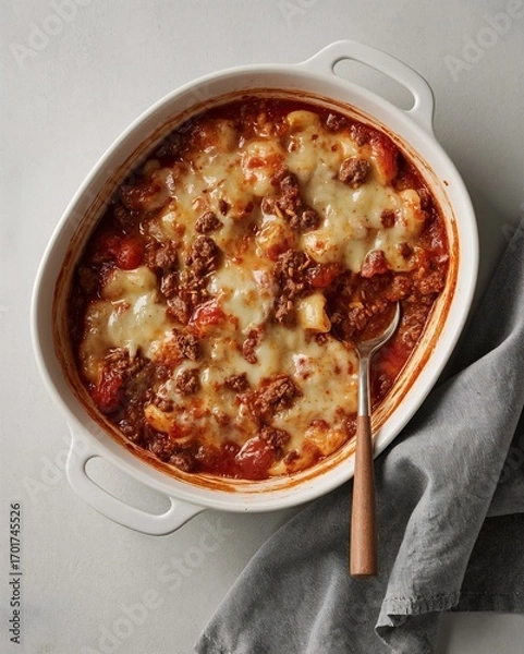 Obraz Überbackener Gnocchi Auflauf mit Rinderhack und Tomaten Sauce mit reichlich Käse