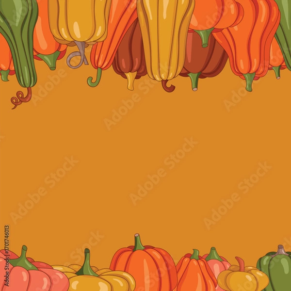 Fototapeta Bright juicy autumn background frame with pumpkins. Harvest day. Ripe pumpkins. Place for text. Autumn backgrounds. Vector illustration