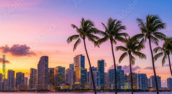 Fototapeta A cityscape featuring numerous tall buildings and several palm trees silhouetted against a vibrant sunset sky with hues of yellow pink and blue above a body of water