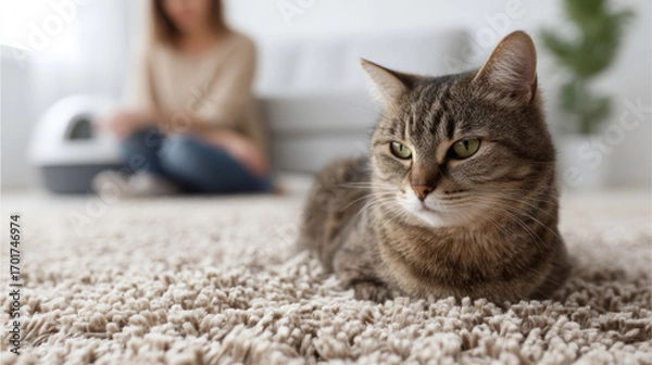 Fototapeta Domestic tabby cat resting on plush carpet near female cleaning litter box, highlighting pet care routine and home environment