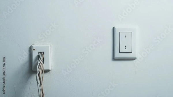Fototapeta Exposed electrical wires hang from an open junction box next to a modern light switch on a minimalist white wall, creating a contrast between old and new technology