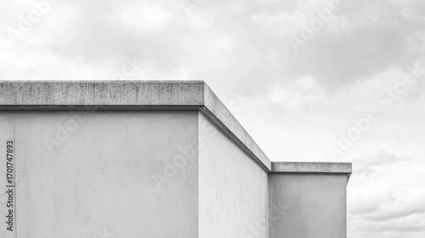 Fototapeta Monochrome architectural detail capturing parapet cap intersection with flat roof, geometric lines against overcast backdrop