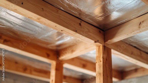 Fototapeta Vapor barrier material stapled to wooden ceiling joists, providing thermal insulation and moisture protection during residential building framing