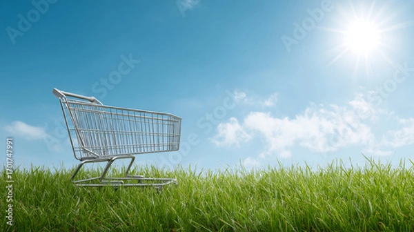 Fototapeta Metal shopping cart placed in a field of vibrant green grass under a sunny blue sky, symbolizing eco friendly consumerism