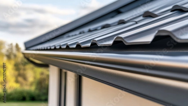 Fototapeta Metal gutter system highlighting contemporary roofing, protecting residential exterior with sleek, clean architectural design and drainage efficiency