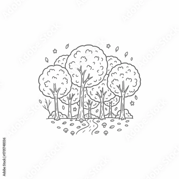 Fototapeta Simple line drawing of a forest scene with autumn leaves.