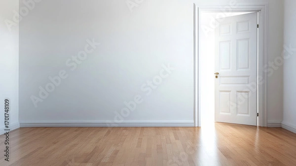 Fototapeta Slightly open white swing door in empty room with wooden floor and white walls, revealing bright light, minimalist interior design