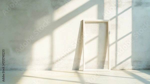 Fototapeta White picture frame leaning against wall, casting soft shadows from window light in minimalist, sunlit interior space