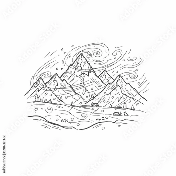 Fototapeta Line art illustration of a mountain range with swirling wind, trees, and small buildings in the foreground.