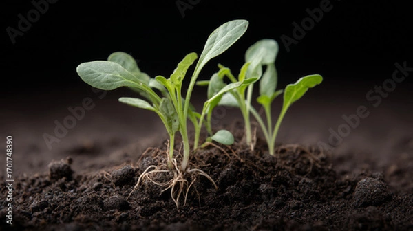Fototapeta Close up of tender leaves and root stems of young vegetable plants emerging from rich, dark soil, symbolizing growth, new life, and the beauty of nature