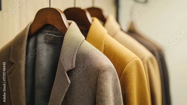 Fototapeta Close up of blazers hanging on wooden hangers, showcasing smooth shoulder lines and neatly folded collars, emphasizing quality and style