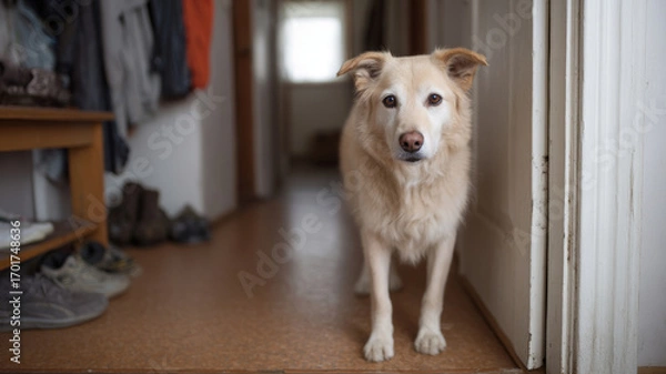 Fototapeta Light brown dog standing in a hallway showing anxiety symptoms waiting for owners, concept of separation anxiety in pets