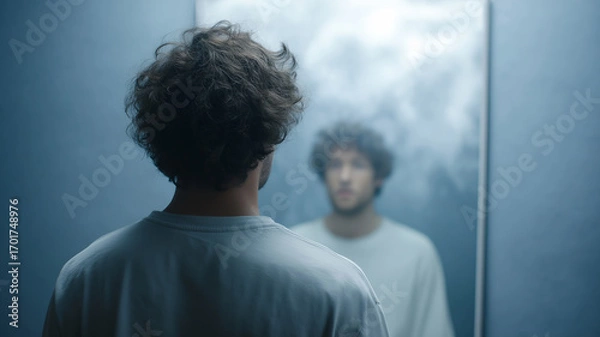 Fototapeta Surreal image of a young man looking at a smoky mirror reflecting a dream world, creating a mysterious and intriguing atmosphere